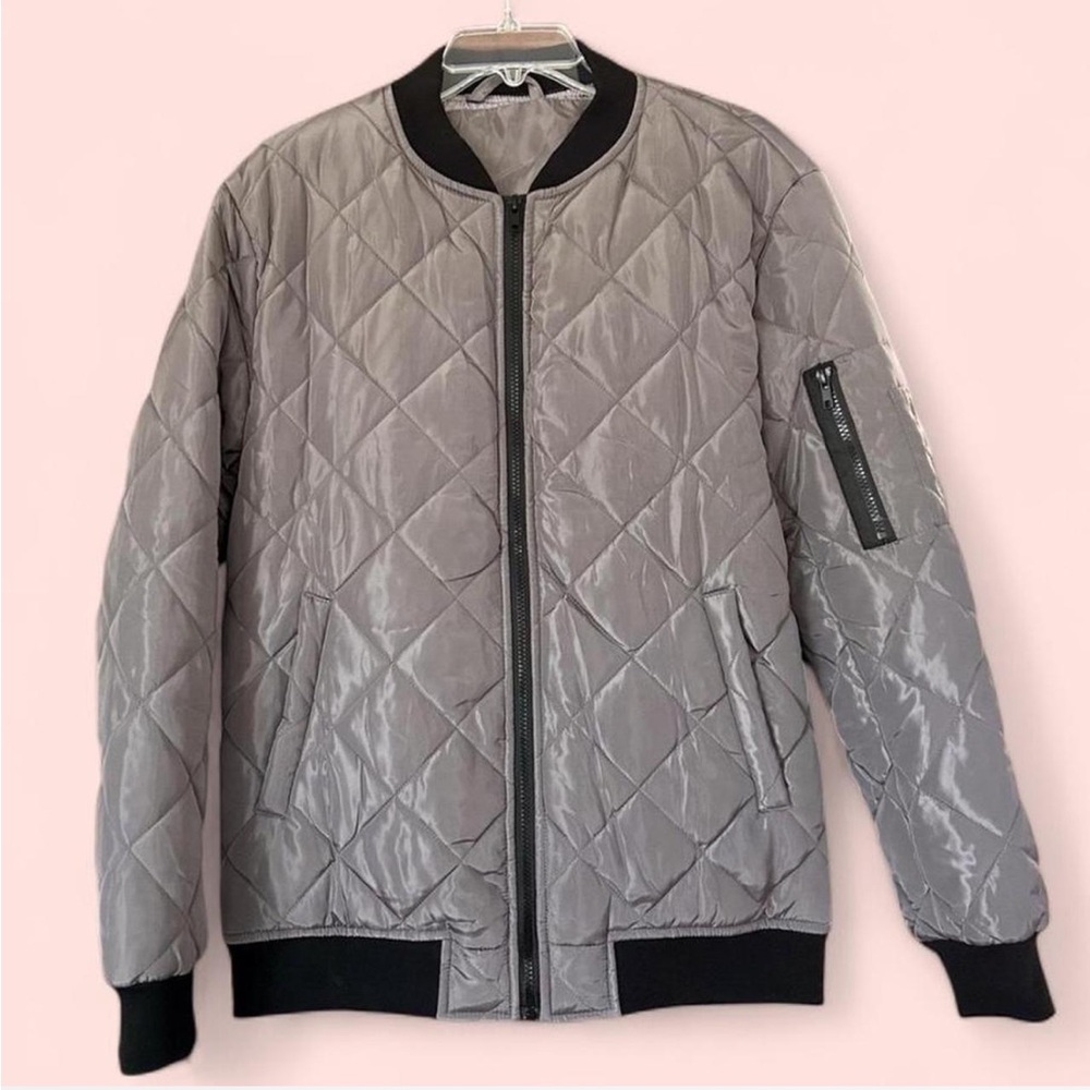 Quilted Gorpcore Down Puffer Jacket Full Zip With Zipper Pockets, Grey Sz M